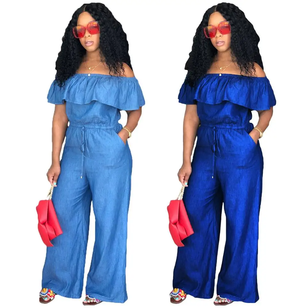 

MSM727 casual off shoulder ruffle wide leg women denim jumpsuit, N/a