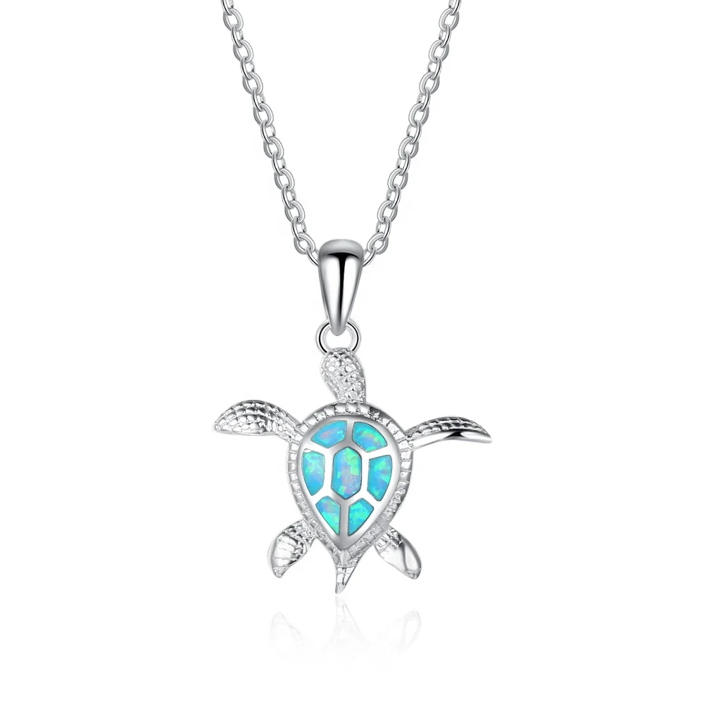 

925 Sterling Silver Fashion Cute Blue Opal Sea Turtle Pendant Necklace For Women Lady Animal Wedding Ocean Beach Jewelry JUNLU