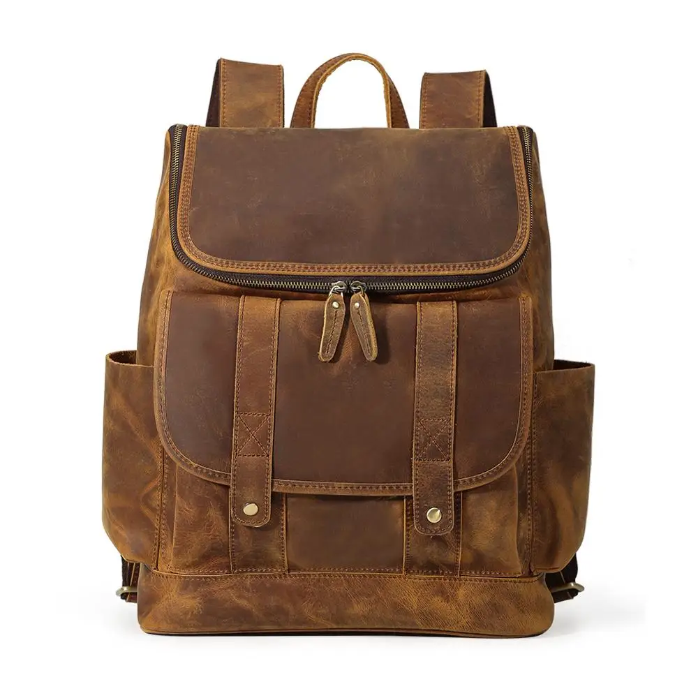 

TIDING Vintage Luxury Cowhide Crazy Horse Leather Backpack Bag Genuine Leather Backpack For Man, Brown