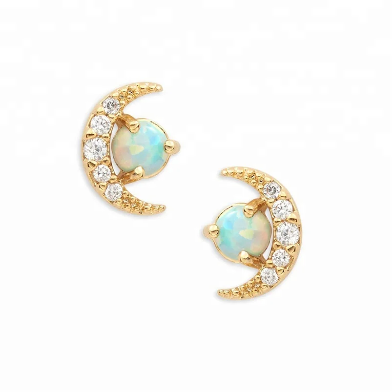 

14k gold jewelry artificial diamond crescent moon opal stud earrings women