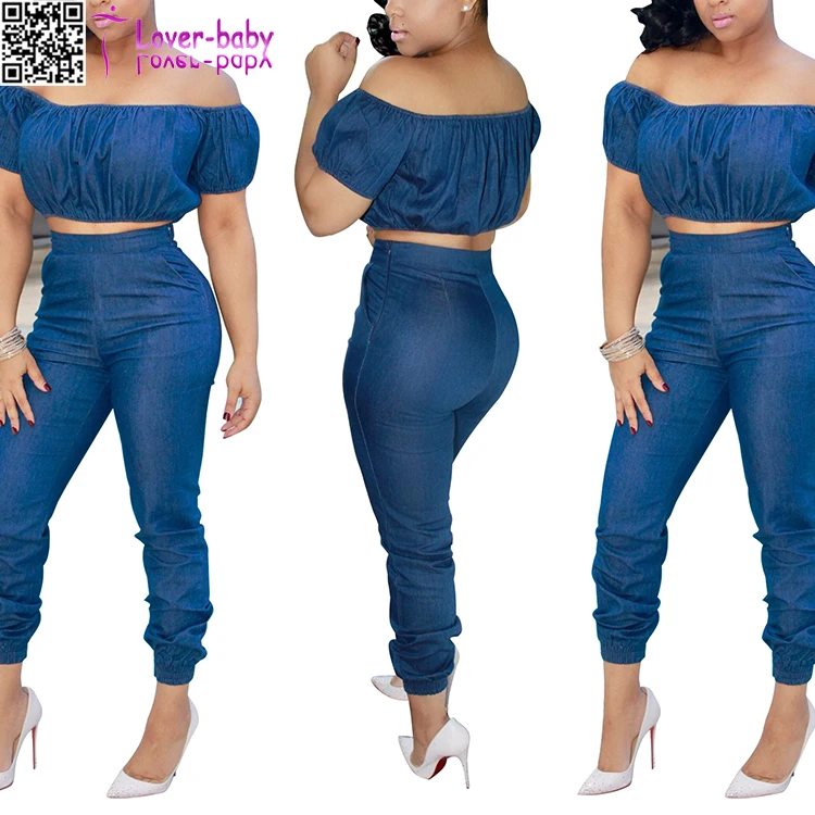 

New style blue Off the Shoulder Top and High Waist women's pants L28221, As shown