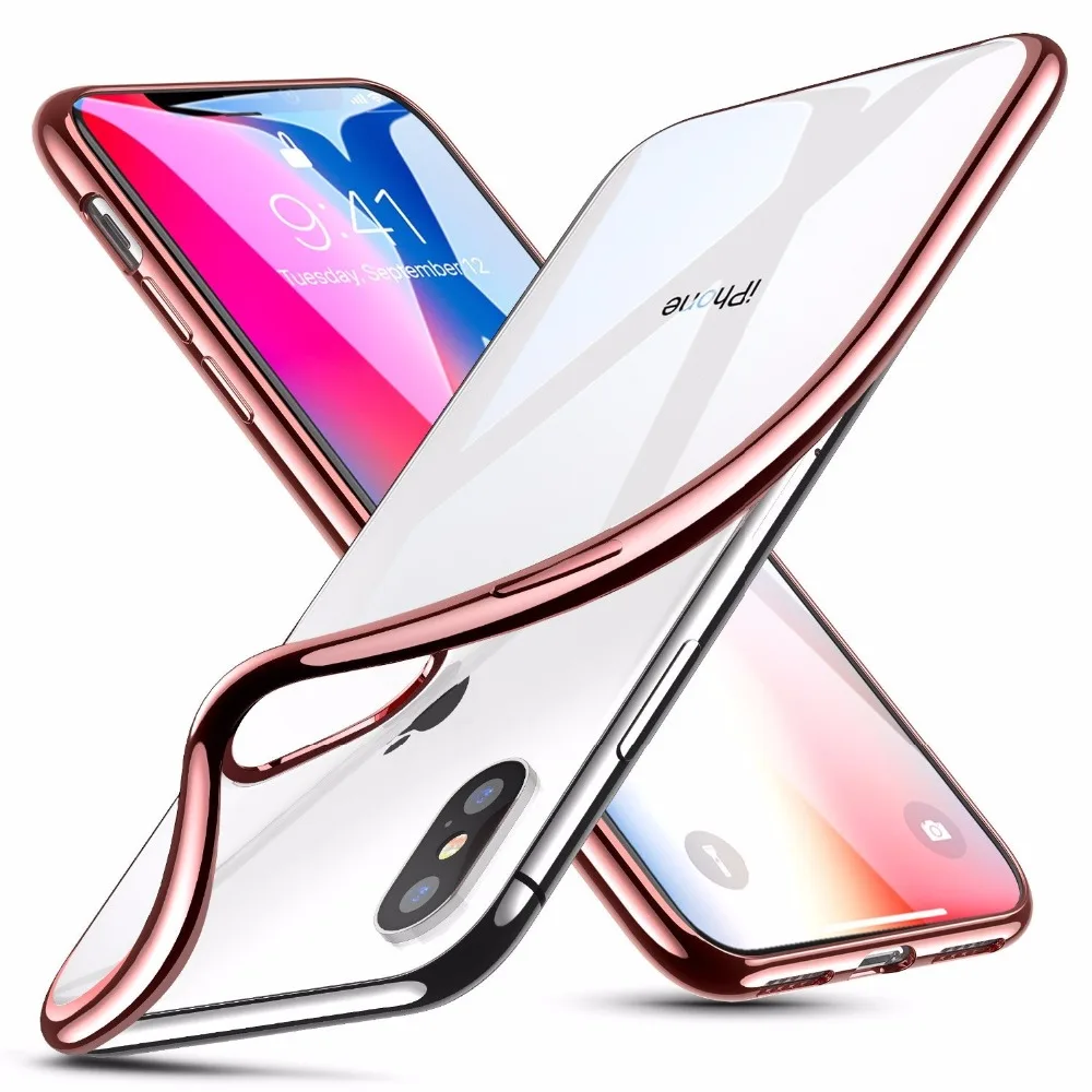 

for iPhone X XS XR XS MAX, Electroplating Clear Fashion soft TPU phone cover transparent silicone plating phone case, Blue;red;rose;black;gold;siliver