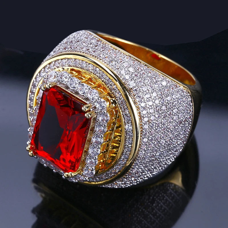 

Hip-Hop Classic Gold Plated Cubic Zircon Big Red Crystal Ring Personality Fashion Men Women Jewelry Finger Ring (SK169), As picture