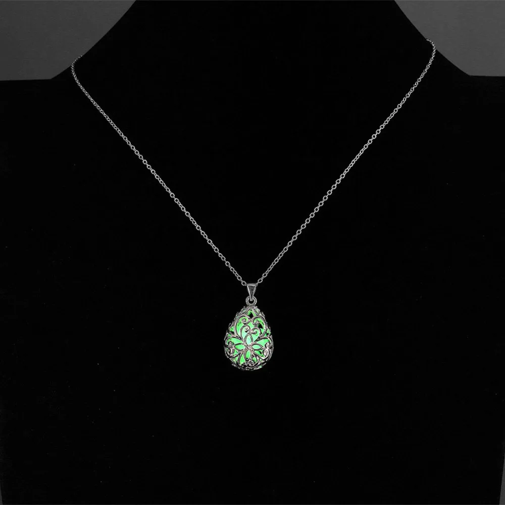 

Water Drop Locket Luminous Necklace Hollow Out Glowing in the Dark Pendant Necklace, As picture