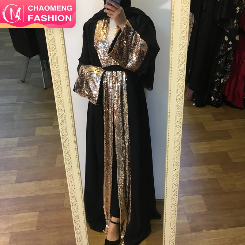 1681#2019 spring summer women clothing sequins design turkish products moroccan kaftan muslim dress kimono islamic clothing abay