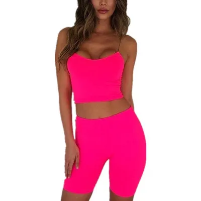 

2019 Sexy Two Piece Outfits sleeveless Crop Top Biker Shorts yoga Sweatsuit