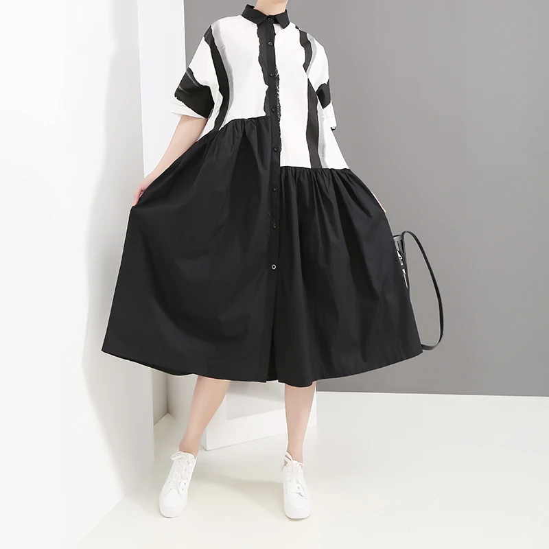 

New 2019 Korean Style Women Summer Black Dress Patchwork Design Short Sleeve Female Stylish Plus Size Dresses Robe Femme, N/a