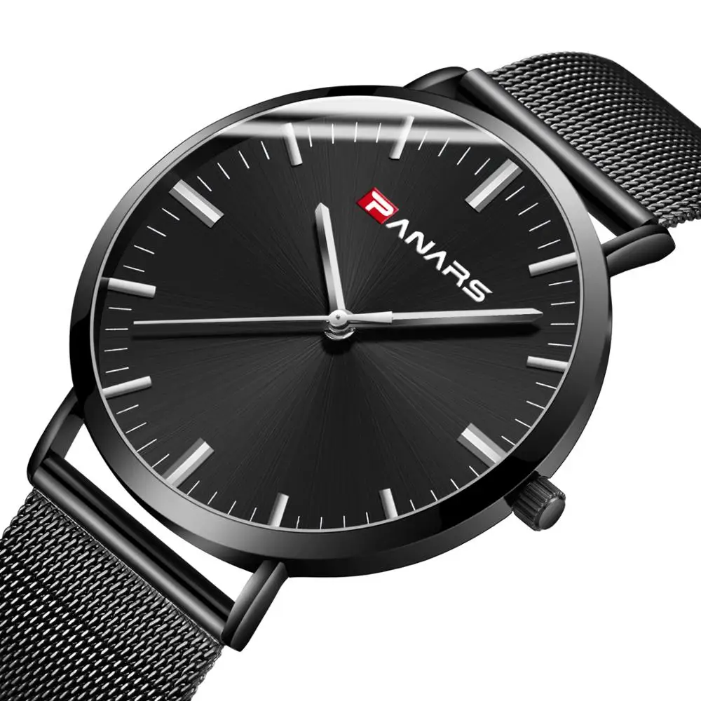 

PANARS 8120 Top Brands New Design Mens High Quality Quartz Simple Genuine Leather Watch Mesh Clock, 9 colors