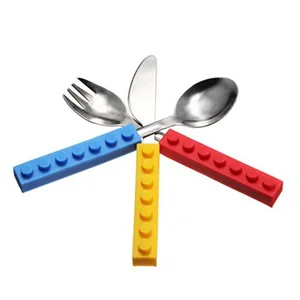 Image of Student food glade silicone block DIY handle with 430# stainless steel baby utensils spoon knife and fork