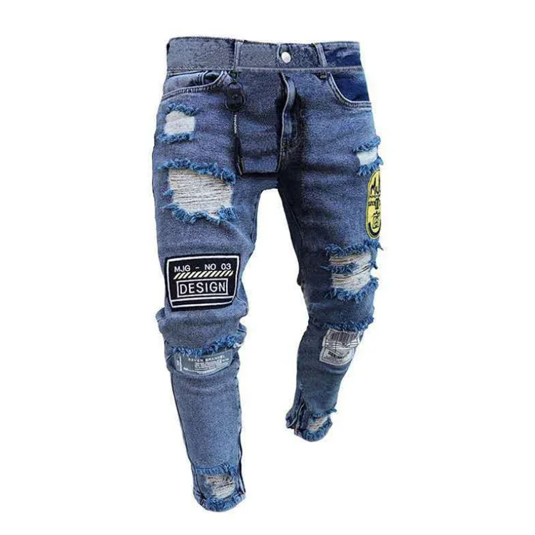 

New men jogger jeans Badge england style male Ankle pants denim cotton Bermuda trousers Biker streetwear elastic patch hole jean, Picture color