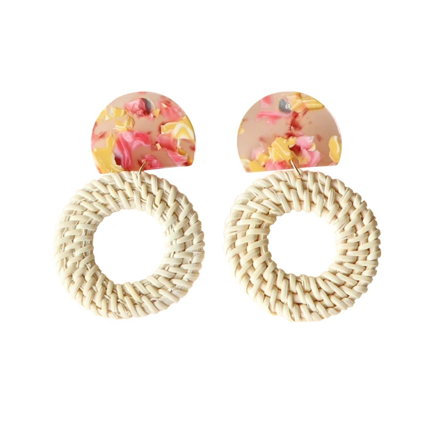 

Juhu Korean retro female Round hollow imported bamboo straw Geometric rattan Acrylic stud earrings for women wholesale, Colorful
