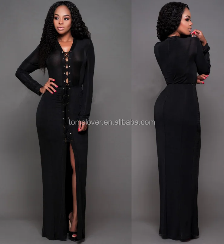 

Long-sleeved v-neck Front Bandage Sexy Split Long Prom Dress For Women Wholesale In 2018, Black