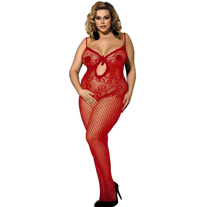 

Top Quality Plus Size Sexy Red Crocheted Fishnet Bodystockings
