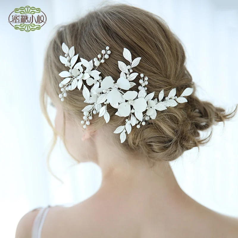 

2019 Luxury Hair Accessories Jewelry Pearl Crystal Leaf Bride Tiara Wedding Headdress Silver Hair Clip For Girls, Gold