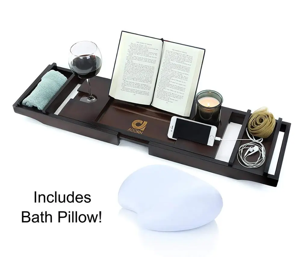 

Bamboo Bathtub Caddy Tray Bath Tray Bath Caddy with Waterproof Bath Pillow Brown, Natural bamboo color