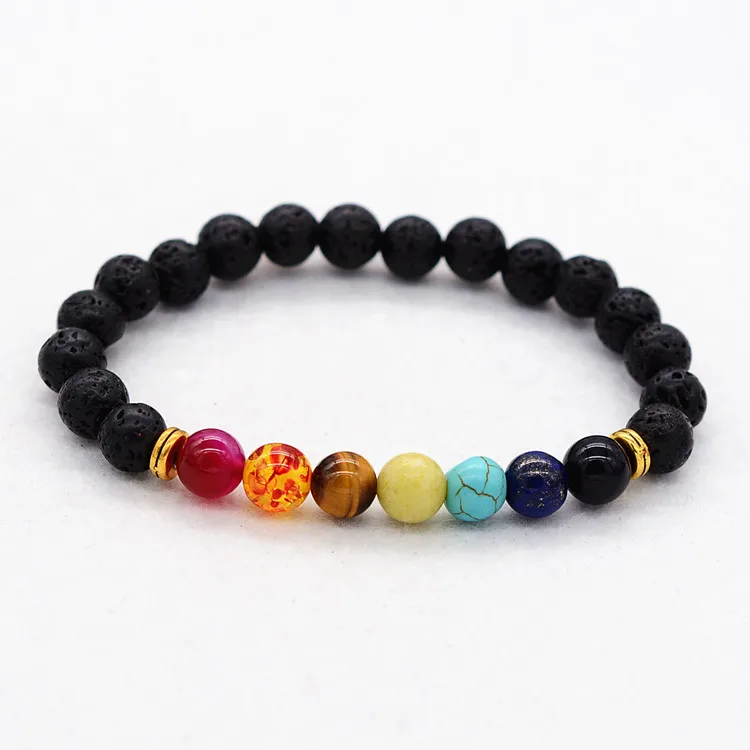 

Healing Jewelry Black Lava Bead Seven Color Rainbow Lucky Bead Bracelet For Men Women