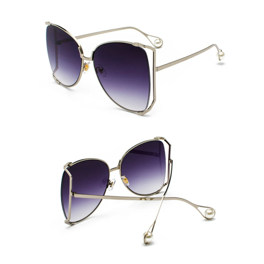 

2019 Fashionable Unique Oversized Women Luxury Brand Pearl Metal Hollow Glasses Sunglasses