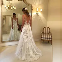 

Sexy Wedding Dress Boho V Neck Appliqued Backless Elegant A Line Garden Wedding Gown Dress Bridal