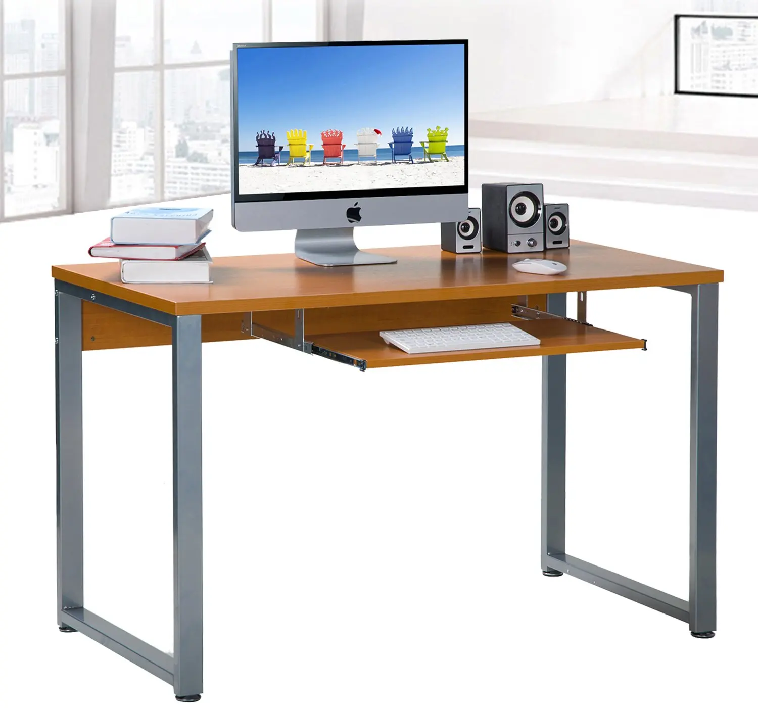 Merax® Computer Desk with Keyboard Tray Office Desk MDF Board, Beech color