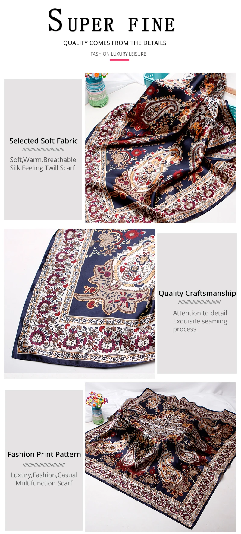 Women Fashion Square Scarf Big Square Shawl Hijab Boho Bohemia Style Paisley Floral Printed Bandana Kerchief Headband 90*90cm