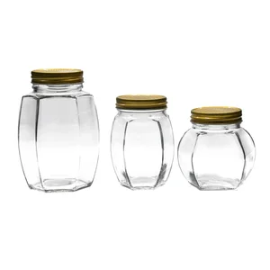 Image of 380ml 500ml 730ml flat hexagonal glass jar chilli sauce glass jar with with metal lid