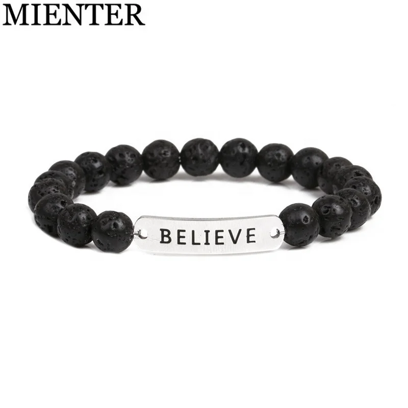 

OEM jewelry believe charms women Aromatherapy 8mm lava stone beads stainless steel couple bracelet, Picture