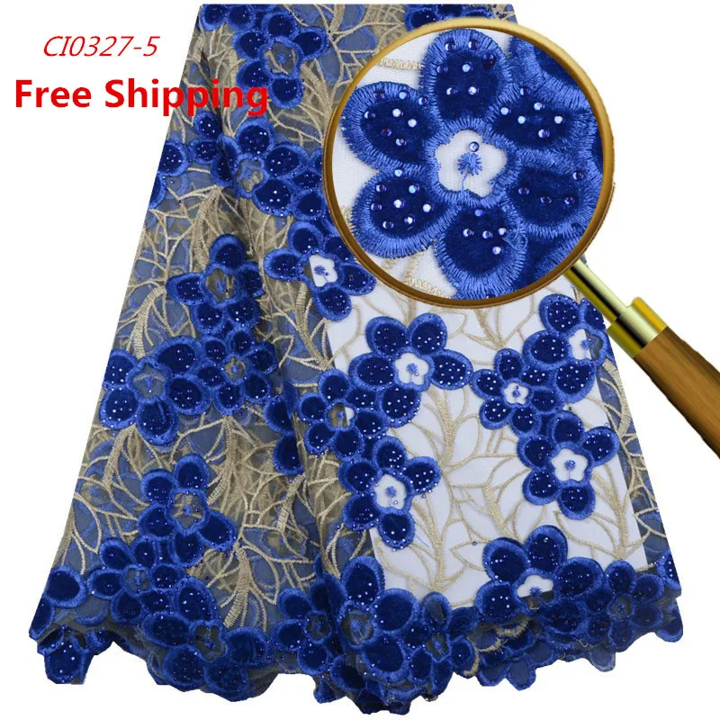 

1550 Free Shipping Top End Lace Fabric African Velvet Blue Lace Fabric For Evening Dress