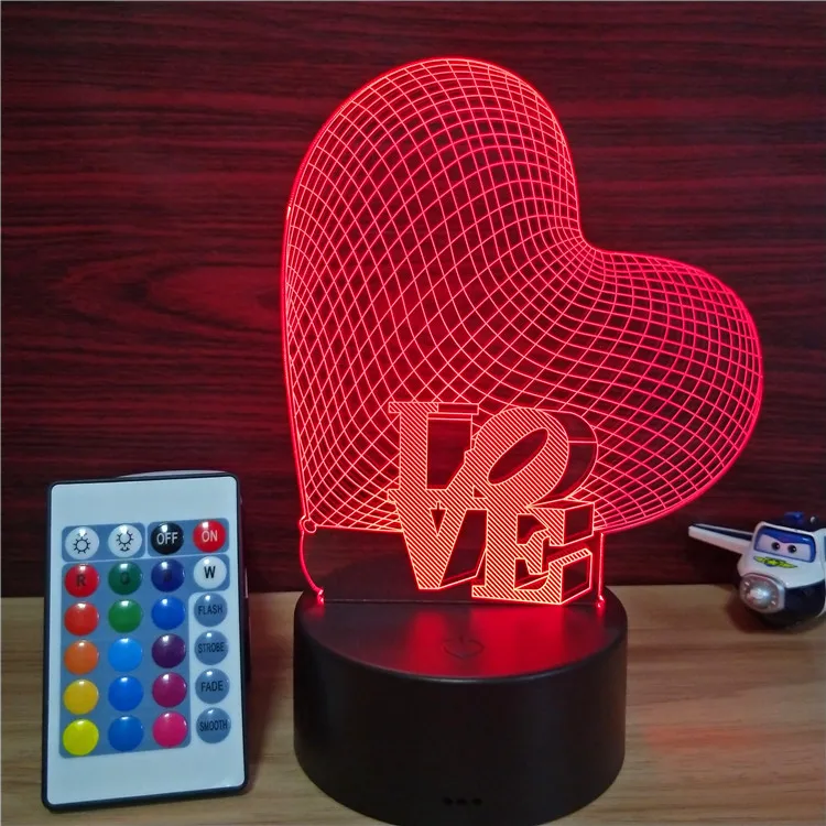 Wedding Table Gift for Guests Love Heart 3D Illusion LED Night Light Touch 7 Colors Change Gift for Valentine's Day with Remote