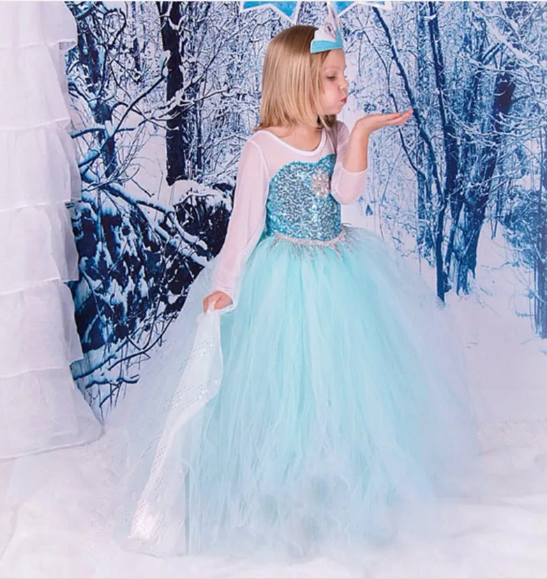 

Movie Elsa Costume Online Baby Apparel Angel Sequins Flower Girls Dress With Veil BX1699, Blue