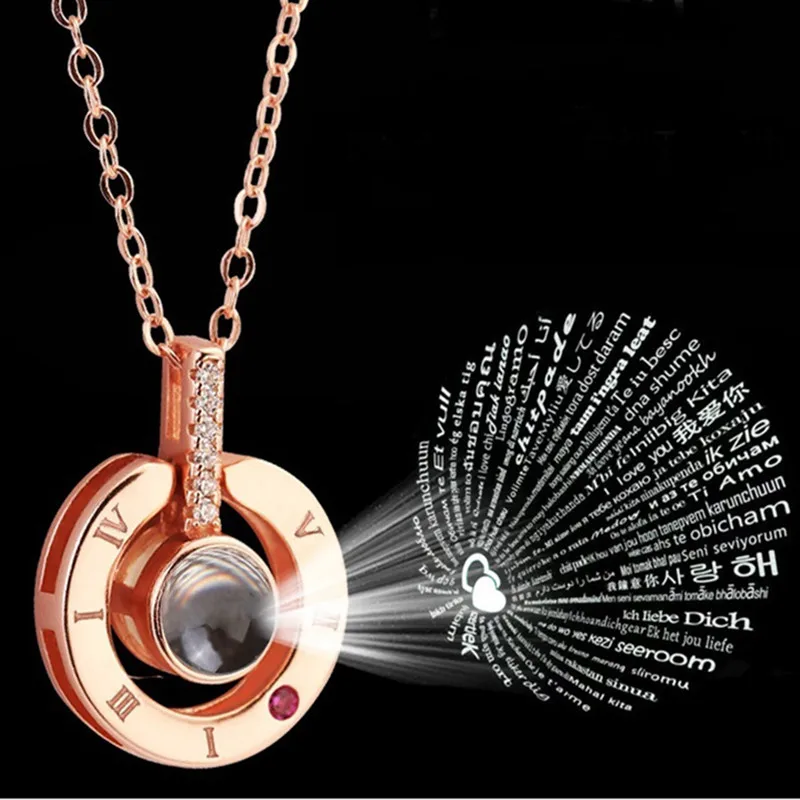 Rose Gold&Silver 100 languages I love you Projection Pendant Necklace Romantic Love Memory Wedding Necklace