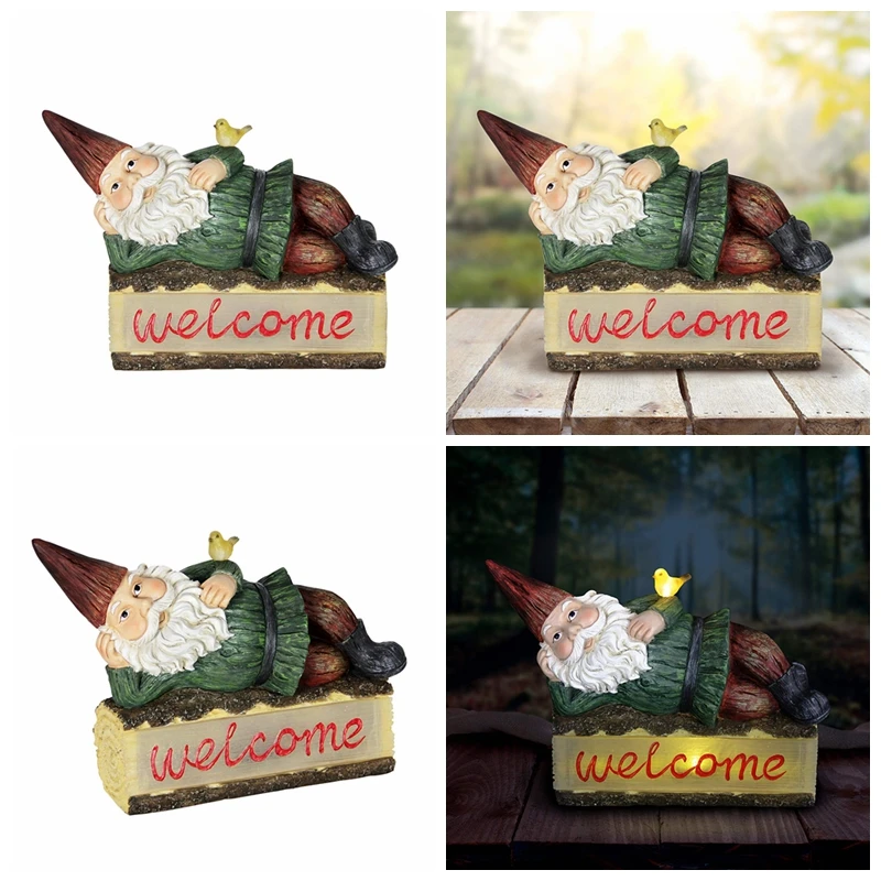 Gnome On Welcome Log Garden Statue Figurine Solar Light Gardening Resin ...