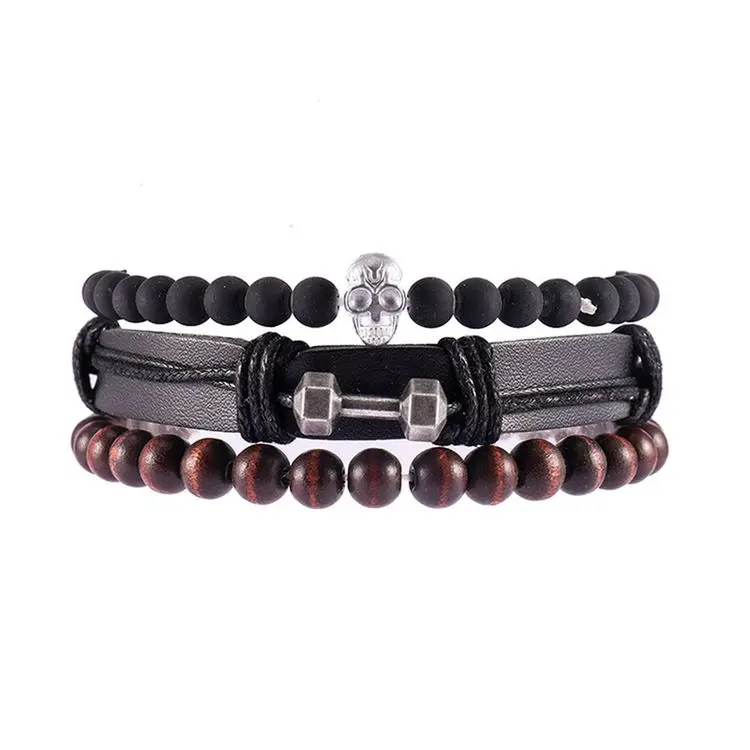 

2RHJ0005 Skull Dumbbel Leather And Wood Bead Charm Bracelets Fashion New Arrival Men's Jewelry, Black
