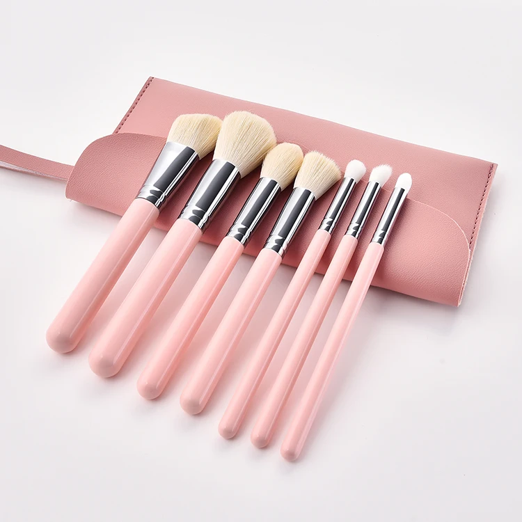 

Custom Logo Professional Kabuki Synthetic Foundation Blush Eyeshadow Maquiagem Face 7pcs Makeup Brush set with Bag, Brown/white/pink