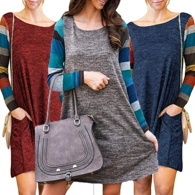 

Women Casual Shirts Mutil Color Striped Long Sleeve Dress, As show