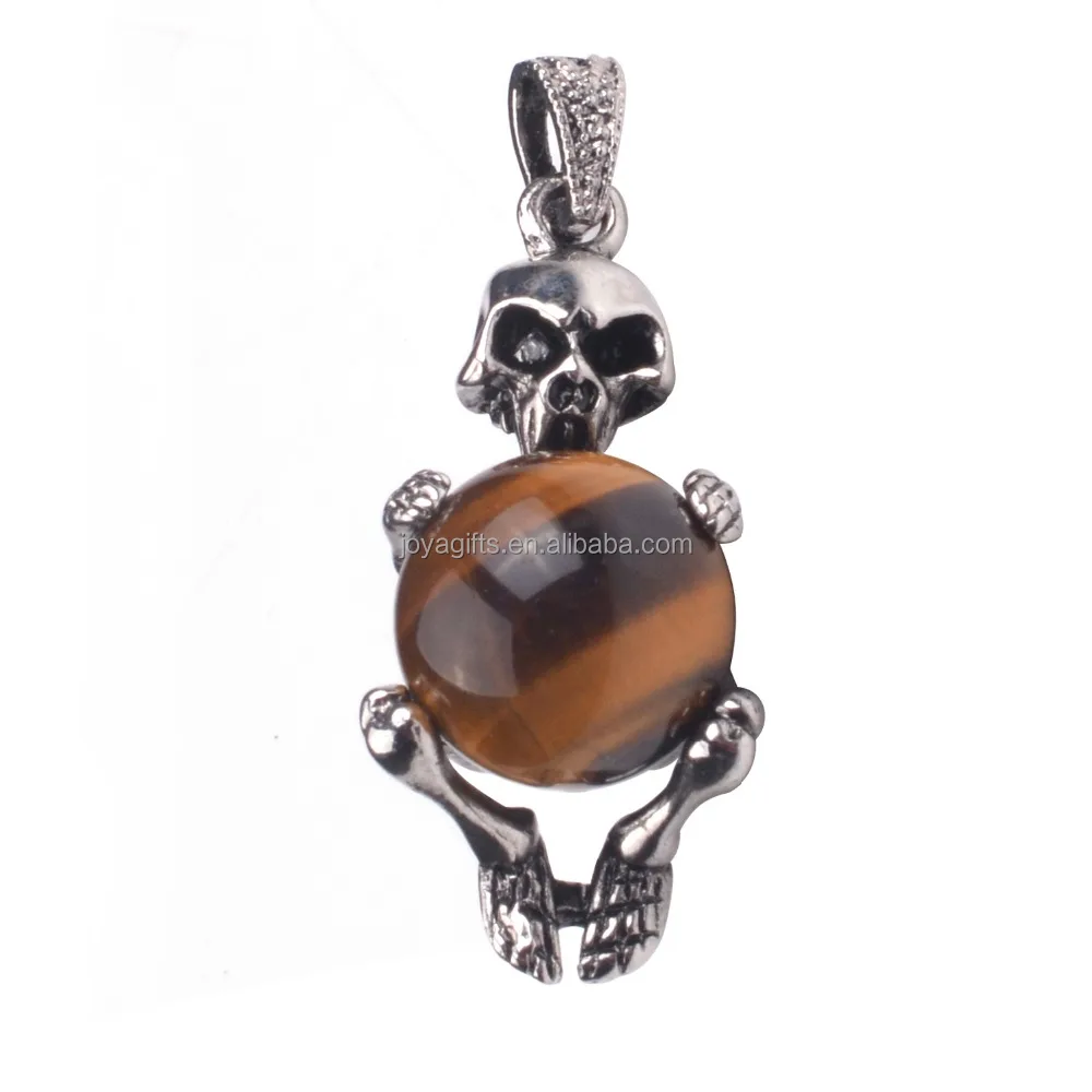 

Wholesale Stainless Steel Casting Skull Pendant With Tiger Eye Round Beads Gems Pendulum, Yellow tiger eye