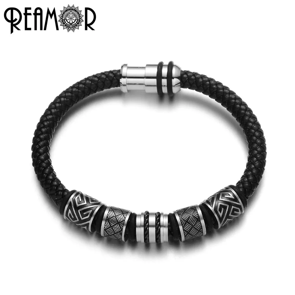 

Reamor 2020 New Men Black Genuine Leather Braided CNC Beads DIY Bracelet With 316l Stainless Steel Magnetic Clasp for MenJewelry