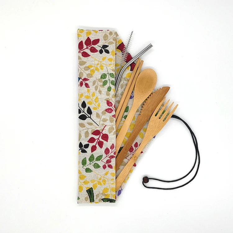 

Hot Selling Bamboo cutlery set knife fork spoon set with bandaged bag