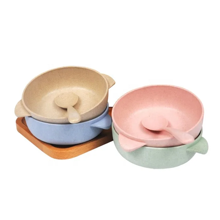 New eco natural reusable biodegradable material colorful round fruit snack wheat straw bowl and spoon for kids