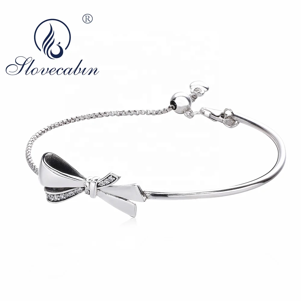 

925 Sterling Silver Brilliant Bow Bracelet Link Chian Charm Bracelet With Clear CZ Adjust Pulseras Mujer