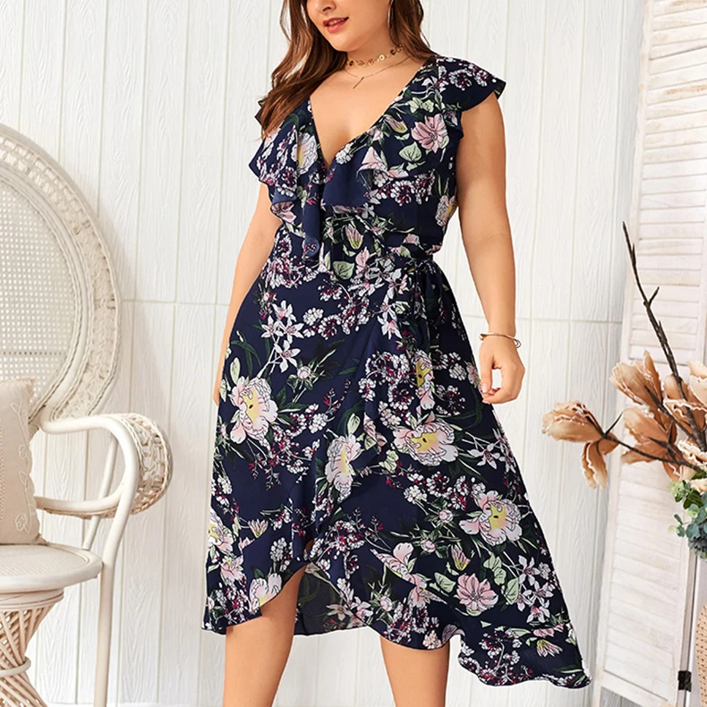 

2019 new dress Sexy and unrestrained Short sleeve V-neck lace Party beach skirt Large size Xia Bohemia Dress, Picture color