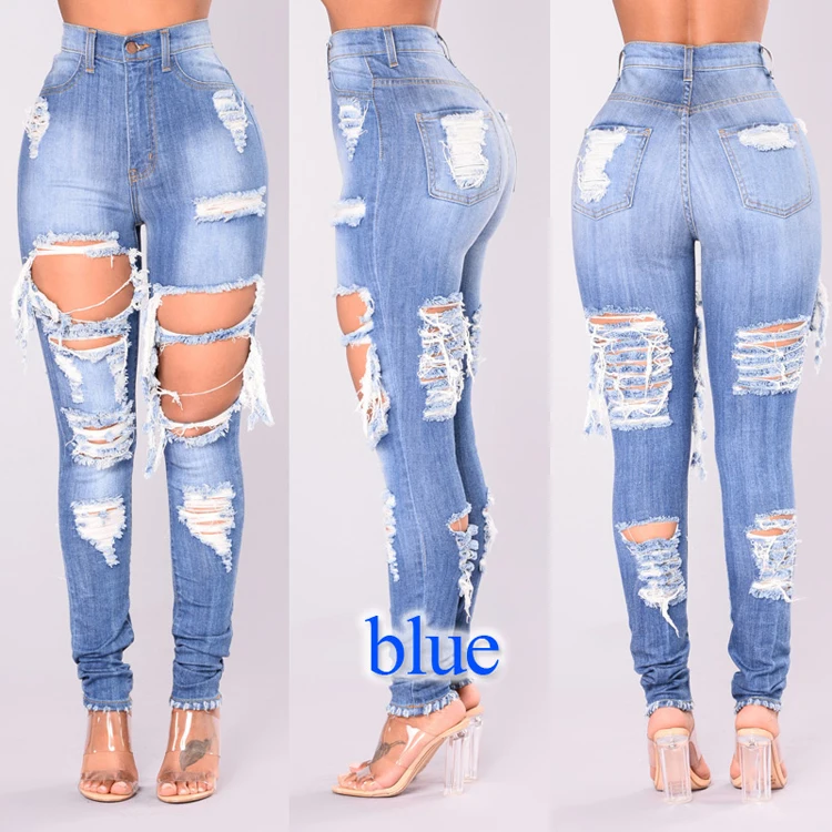 New Design Lady Girls Sex Ripped Blue Hole Mom Jeans High Waist Skinny