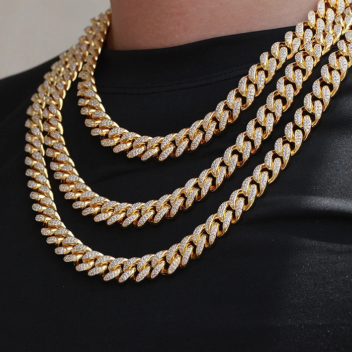 

Wholesale 18k solid gold plated jewelry CZ iced out cuban link chain, 14k 18k gold / rose gold/white gold