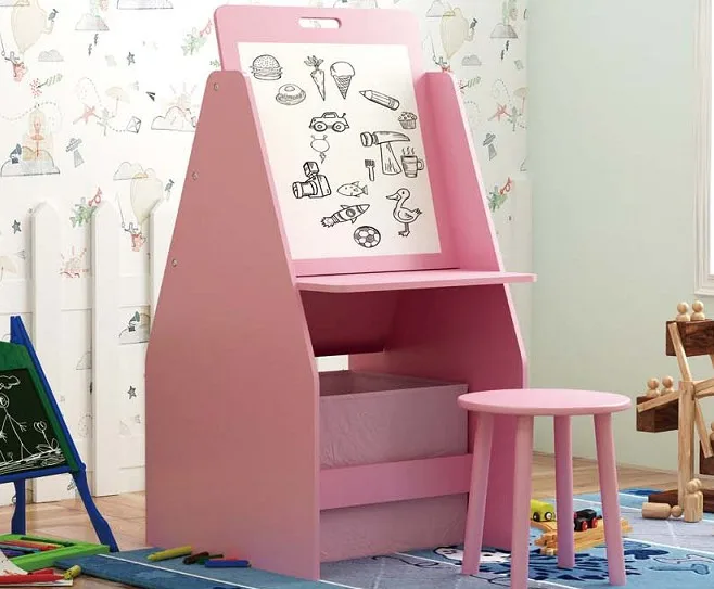 Pink Multifunctional Toy Organizer with Book Rack, Drawing Board and Chair for Kids