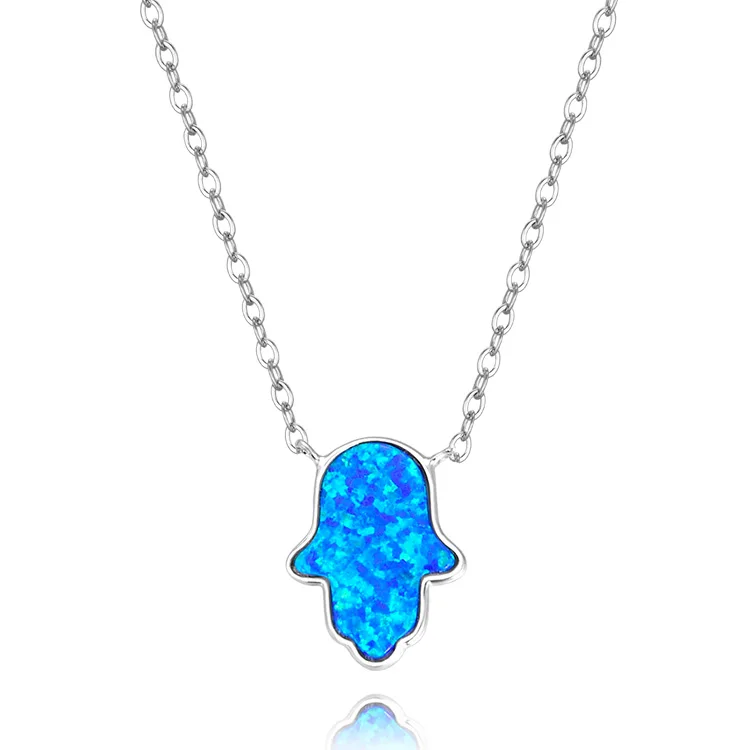 

POLIVA Factory Wholesale 925 Sterling Silver Rhodium Plated Blue Fire Opal Hamsa Hand Necklace, Blue & custom