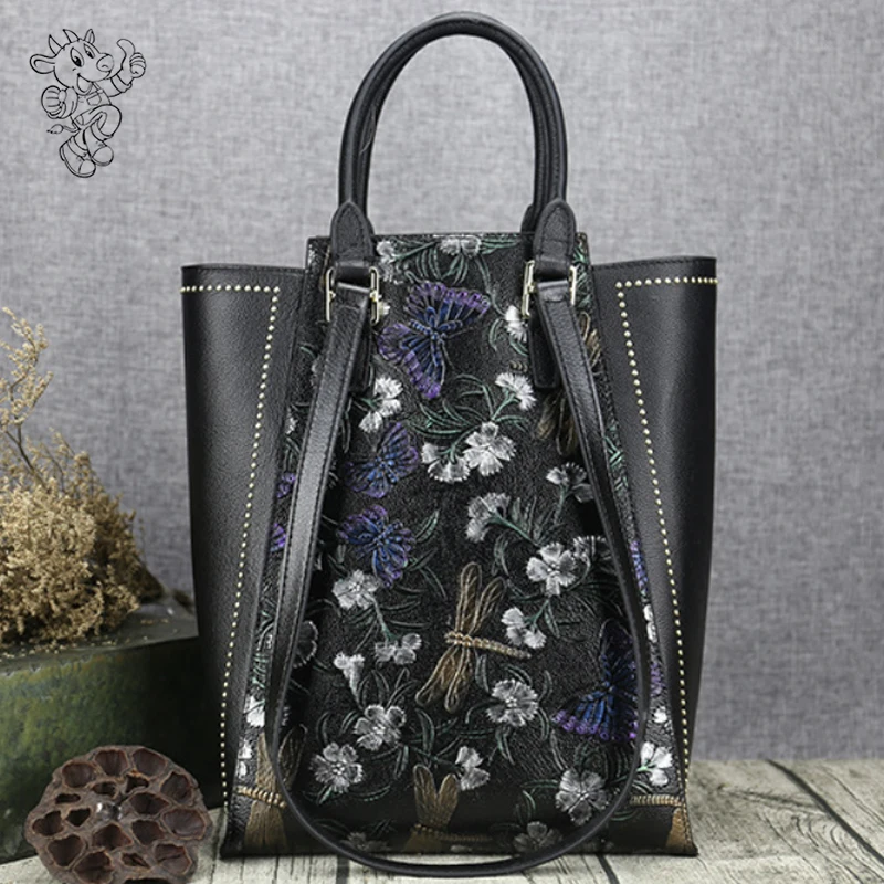 

Natural Skin Shopping Bags With Logos Women Genuine Leather Tote Handbag Large Capacity Embossed Top Handle Bag