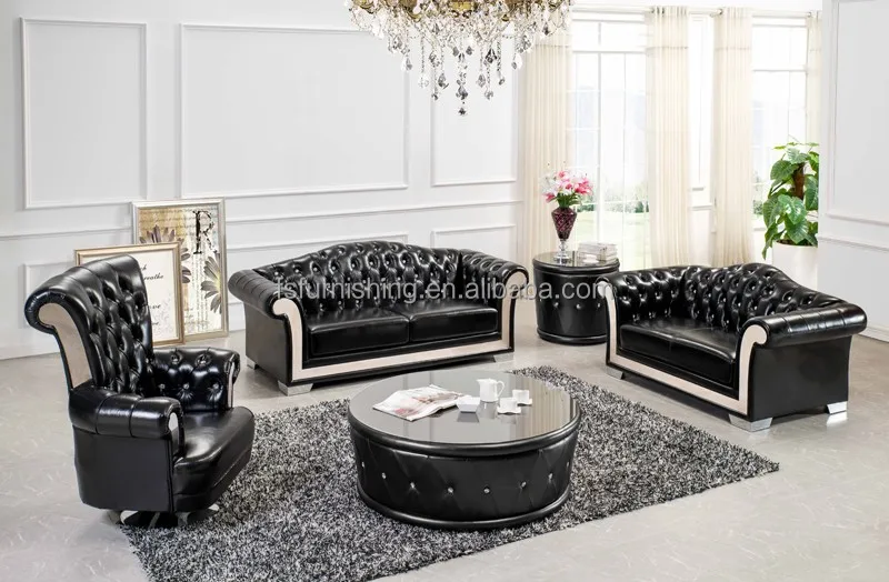 Krachtige #ls165 moderne zwart lederen chesterfield bank roestvrij ... Zwart woonkamer banken