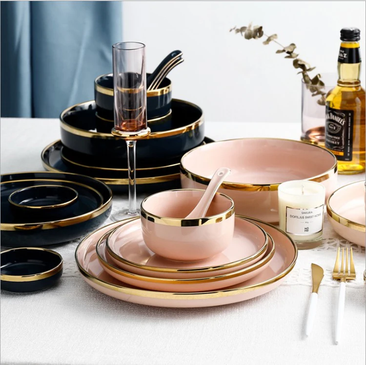 

Wholesale popular design luxury gold plated round dish rice bowl ceramic dinnerware sets, Pink and dark blue