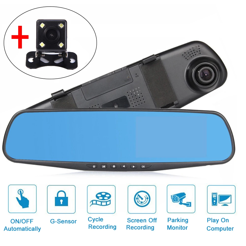 HD LCD Mirror Monitor Dash Cam Dual Lens Car DVR Reverse Rear View Camera MAX 