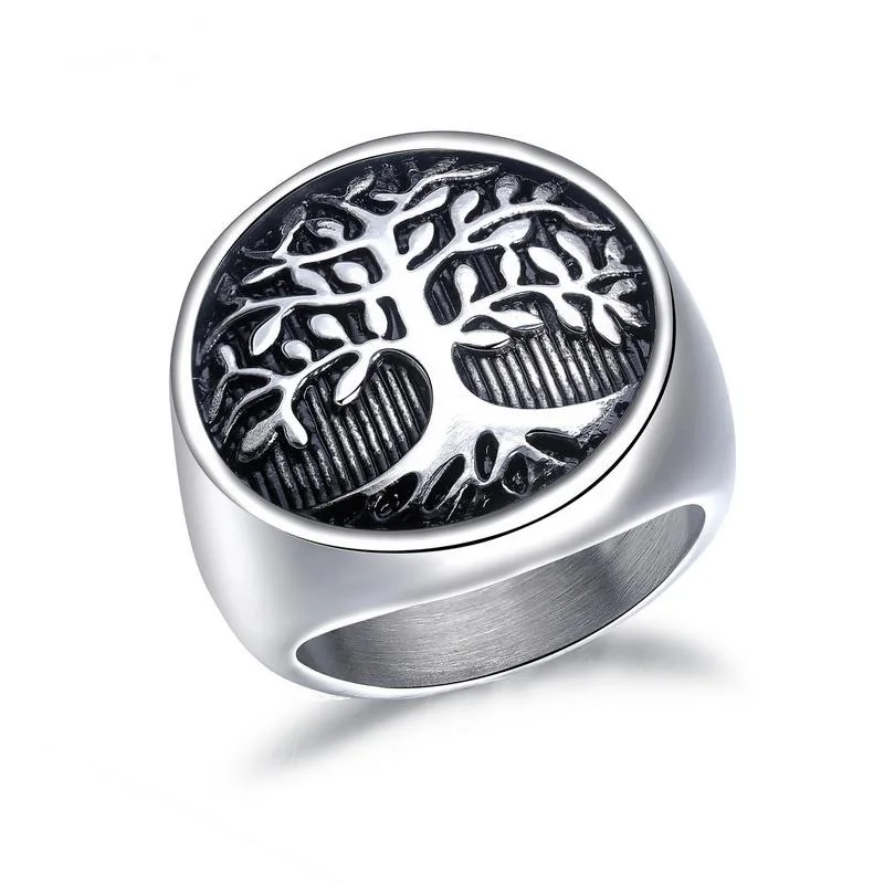 

Birthday Gift Punk High Quality Metal Titanium Stainless Steel 316L Vintage Silver Tree of life jewelry ring For Men