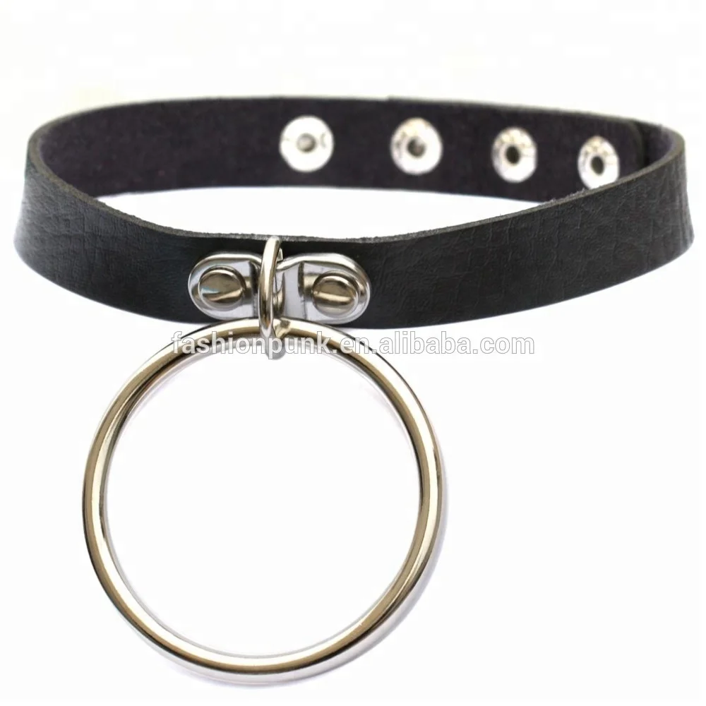 Unisex Women Men Classic Punk Gothic Pastel Bondage Collar Handmade Leather Exaggerate Big O Round Hanging Choker Necklace